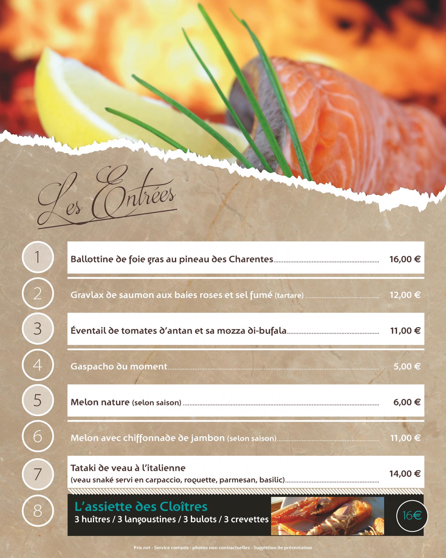 La carte du restaurant