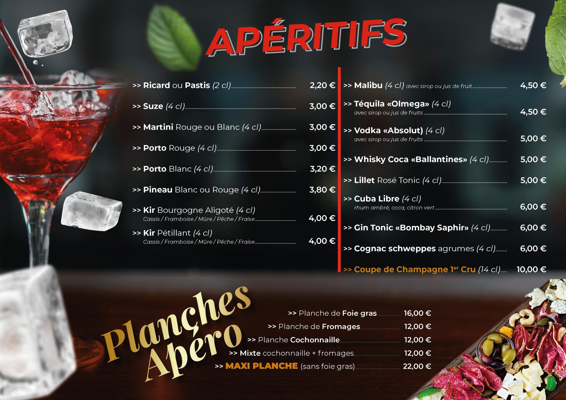 La carte des boissons du restaurant